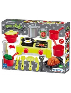 Jouets Ecoiffier – 2649 - Dînette Réchaud 100 % Chef – Ustensiles, vaisselle, aliments - 21 pièces – Dès 18 mois – Fabriquée