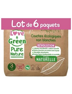 Love & Green Pure Nature Pack de 252 Couches écologiques non blanchies T3 x 42 (4-9 kg)