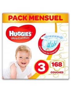 Huggies, Couches bébé Taille 3 (4-9 kg), 168 couches, Unisexe, Avec indicateur d’humidité, Pack 1 mois de consommation, Ultra