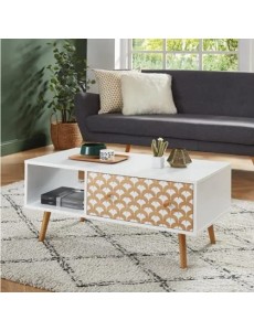 Utah Table Basse scandinave à imprimés - 2 tiroirs - décor Bois et Blanc - L90cm