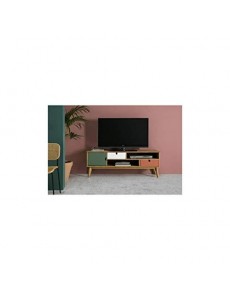 Générique Oceane Meuble TV 1 Porte 2 tiroirs - Décor Terracota, Blanc et Vert ciré - L 140 x P 37 x H 52 cm