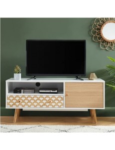 Utah Meuble TV scandinave à imprimés - 1 Porte 1 tiroir - décor Bois et Blanc - L115cm