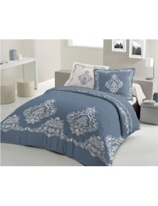 LOVELY HOME Parure de Couette 220x240 cm + 2 taies d'oreiller 65x65 cm - 100% Coton Baroque - Bleu
