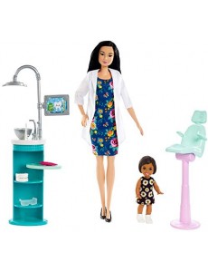 Barbie Métiers poupée dentiste brune et son coffret composé d’une mini-poupée patiente brune, d’un lavabo, d’un fauteuil, jou