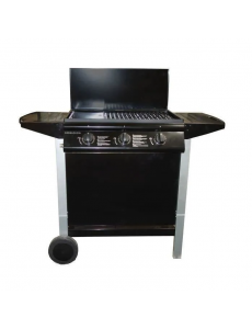 Barbecue à gaz mixte Grill + Plancha 3 brûleurs sur chariot - Fonte émaillée