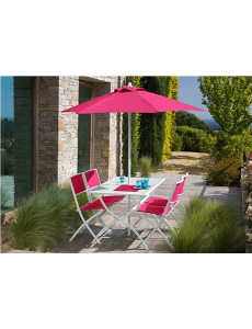 Salon de jardin en acier coloris framboise avec parasol