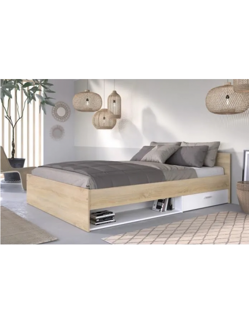 PARISOT Lit Adulte 140x190 cm 1 tiroir - Décor Blanc et Chêne PARISOT Lit Adulte 140x190 cm 1 tiroir - Décor Blanc et Chêne