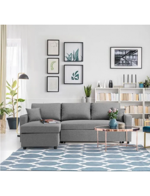 Canapé d'angle gauche convertible grand couchage + coffre - Tissu gris - L 228 x P 148 x H 86 cm - Canapé d'angle gauche convertible grand couchage + coffre - Tissu gris - L 228 x P 148 x H 86 cm -