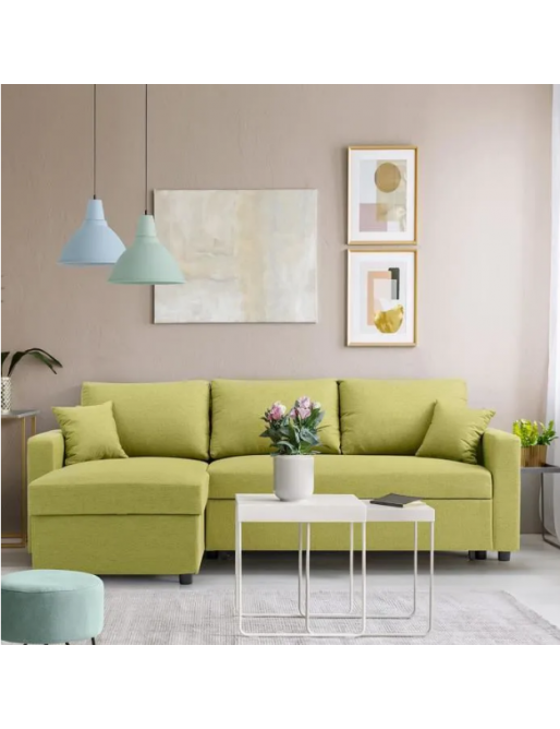 Canapé d'angle gauche convertible grand couchage + coffre - Tissu vert - L 228 x P 148 x H 86 cm - Canapé d'angle gauche convertible grand couchage + coffre - Tissu vert - L 228 x P 148 x H 86 cm -