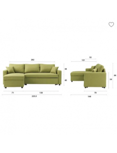 Canapé d'angle gauche convertible grand couchage + coffre - Tissu vert - L 228 x P 148 x H 86 cm -