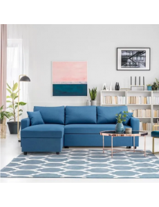 Canapé d'angle gauche convertible grand couchage + coffre - Tissu bleu- L 228 x P 148 x H 86 cm -