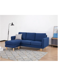 NOLAN  Canapé d‘angle reversible - Tissu Bleu avec piétement en bois naturel