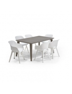 ALLIBERT JARDIN Table LIMA 160x100cm - Capuccinno + 3 lots de 2 fauteuils AKOLA Blanc - Résine