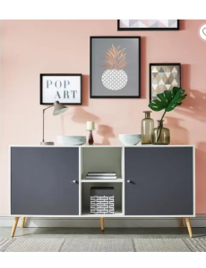 Buffet - BAHUT - Enfilade Babette Buffet Bas scandinave Blanc et gris mat- L 150 cm