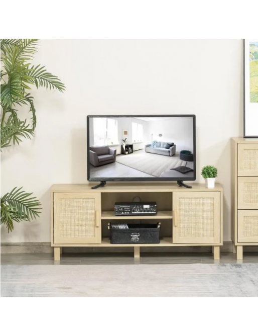 Meuble TV banc TV 2 niches 2 placards porte cannage en rotin aspect bois clair Meuble TV banc TV 2 niches 2 placards porte cannage en rotin aspect bois clair