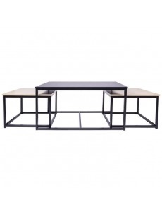 Lot de 3 Tables gigognes - Métal noir et bois - L 90 x P 60 x H 43 cm et L 50 x P 50 x H 35 cm - MINSK