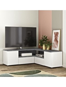 SYMBIOSYS Meuble TV Angle - Contemporain - Effet béton et blanc - L 129,8 cm