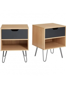 DUO Lot de 2 tables de chevet industrielles avec tiroir - décor bois et noir - L40cm