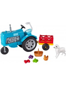 Barbie Tracteur bleu pour poupée avec remorque, figurines chien et poule, un panier et des légumes