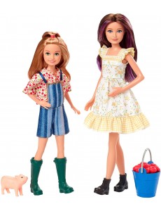 Barbie Famille Coffret poupées Skipper et Stacie à la ferme avec figurine porcelet et panier de pommes