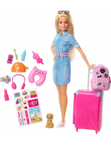 Barbie Voyage poupée blonde avec sa valise et son sac à dos, figurine de chien, autocollants et accessoires