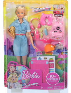 Barbie Voyage poupée blonde avec sa valise et son sac à dos, figurine de chien, autocollants et accessoires