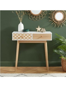 Utah Console scandinave à imprimés - 2 tiroirs - Coloris Bois et Blanc - L80cm