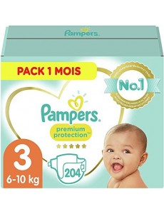 Pampers Couches Premium Protection Taille 3 (6-10kg) notre N°1 pour la protection des peaux sensibles, 204 Couches (Pack 1 Mo